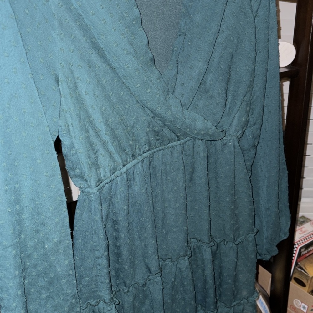 ANDREE' by unit Medium Dark Teal Long Sheer  Sleeve midi embroidered dress- GC🩷 - Picture 3 of 16